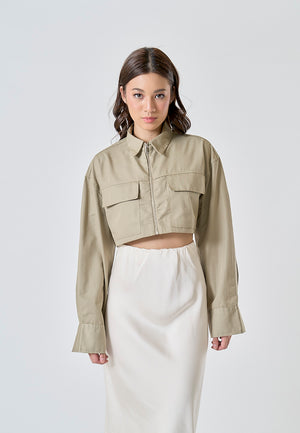 Jiovanna Moss Green Turn Down Collar Front Pockets Long Sleeves Crop Top - Moss Green / Medium - image