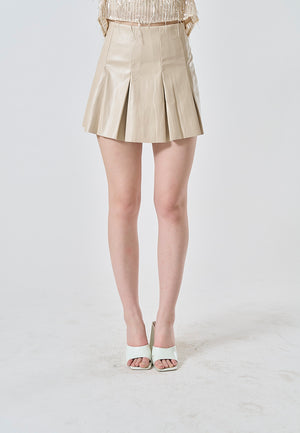 Wynona Beige Faux Leather Wide Pleats Mini Skirt - Beige / Small - image