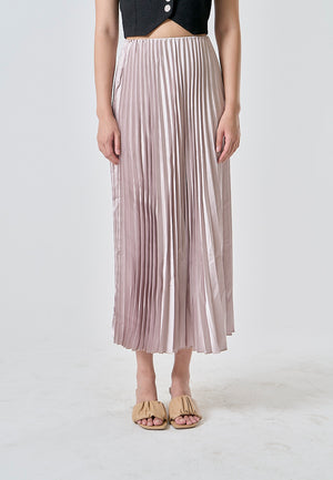 Sylvia Beige Pleated Elastic Waist A-Line Midi Skirt - Beige / Medium - image