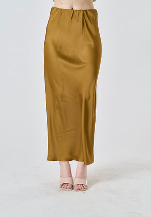 Sanity Caramel Brown Satin Elastic Waist A-Line Maxi Skirt - Caramel Brown / Small - image