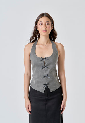 Greeley Gray Front Lace Up and Slit Back Hollow Out Casual Halter Tank Top - Gray / Medium - image