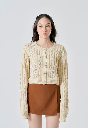 Calendula Beige Knitted Beaded Crew Neck Long Sleeves Button Down Crop Cardigan - Beige / Small - image