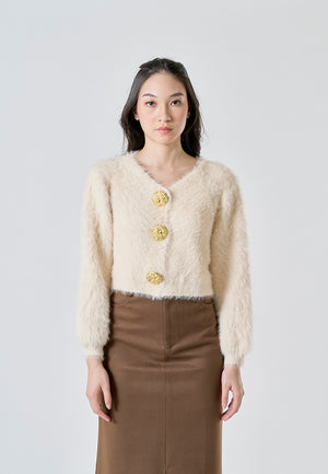 Celandine Beige Knitted V Neck Single Breasted Gold Button Long Sleeves Cardigan - Beige / Small - image