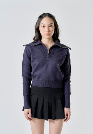 Moxy Dark Blue Knitted Collar Zip Up Long Sleeves Pullover Cardigan - Black / Small - image