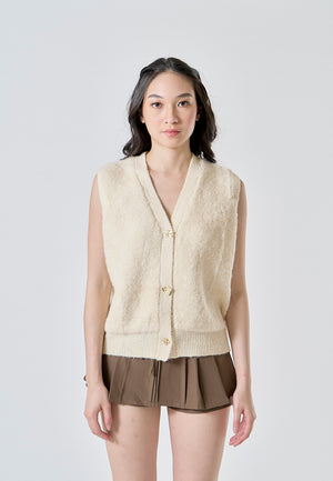 Oxford Beige Latte Knitted V Neck Single Breasted  Button Gem Sleeveless Vest Cardigan - Beige Latte / One Size - image