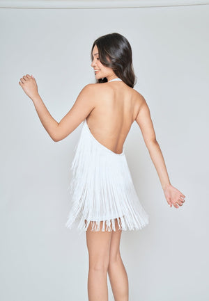 Ariyah White Fringe Layer Halter Open Back Sleeveless Mini Dress - White / Medium - image