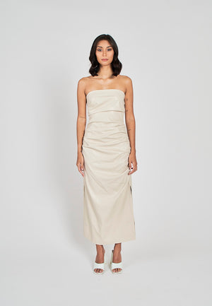 Erian Cream Leather Pleated Sides with Zipper Tube Midi Dress - image