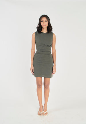 Aikee Army Green Crew Neckline Ruched Side Back Zipper Mini Dress - image