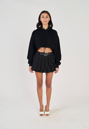 Hirro Black Pleated asymmetrical Front Detail with Belt Mini Skirt - image