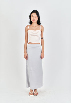 Evren Grey Satin Zipper Fly Midi Skirt - image