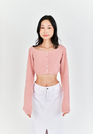 Avone Pink Knitted Button Down Long Seeves Crop Top - image