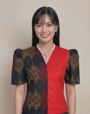 Printed malong & linen blouse - image
