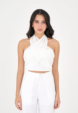 Eviana White Halter Crossover Sleeveless Sexy Top - image