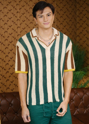 Knitted Crochet Polo Shirt in Vertical Stripes - image