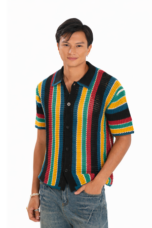 Knitted Crochet Polo Shirt in Black Multi-Stripe - image