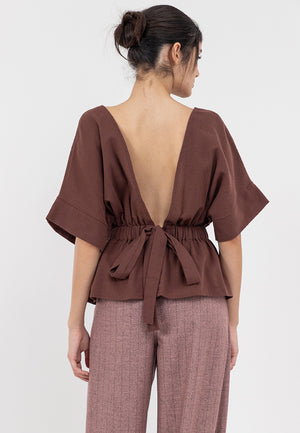 Maia Low V back top with extended sleeves and garter waist - image