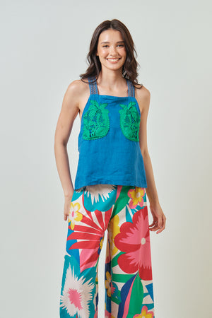 Fifi Linen Top in Blue Green Palms - image