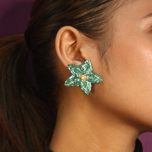 Luwalhati In Blue Green & Gold Hand beaded Up-cycled Leather Hypoallergenic Earrings - image