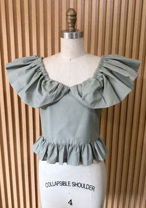 Ruffle Elastic Sleeve Ruffle Hem w Zip in Sage Cotton Weave - image