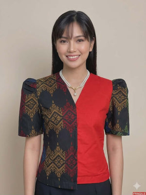 Printed malong & linen blouse - image