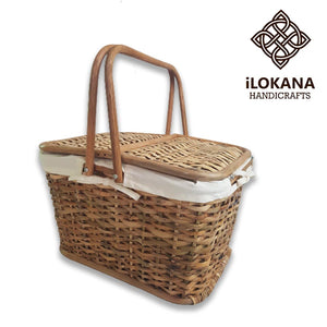 Woven Picnic Basket Snack Basket with Folding Handle and Cloth lining - image