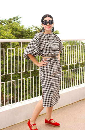 Teresa Linen Top & Skirt Set in Black Checkered - image