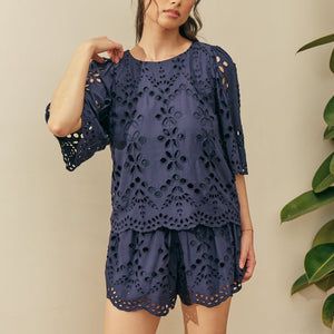 Cartagena Top & Shorts Set in Navy Eyelet - image