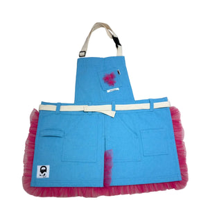 Apron Aqua Blue Canvas with Fuchsia Soft Tulle Ruffle and Florette - image