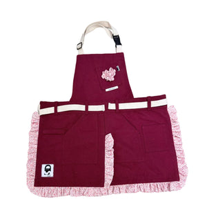 Apron Maroon Canvas with Sakura Crepe Ruffle and Florette - image