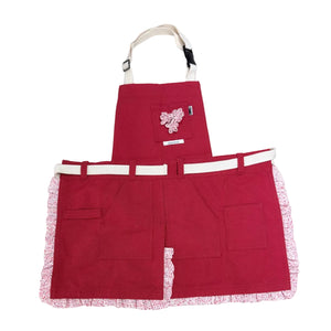 Apron Red Canvas with Sakura Crepe Ruffle and Florette - image