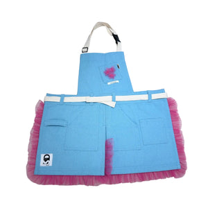 Apron Sky Blue Canvas with Fuchsia Soft Tulle Ruffle and Florette - image