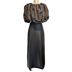 Back Zip Straight Cut Skirt in Brown Taffeta - image