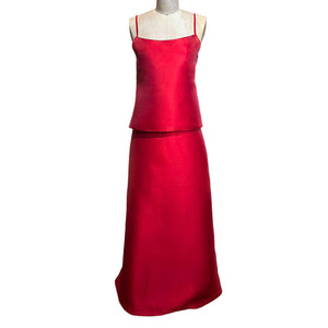 Back Zip Straight Cut Skirt in Red Duchess Satin - image