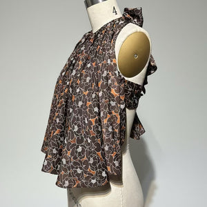 Circular Front-Ruffle Backless Top in Brown Floral Silk - image