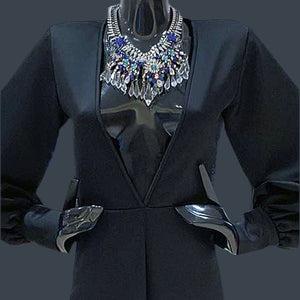 Deep V-Neck Long Sleeve Jumpsuit in Black Crepe - image