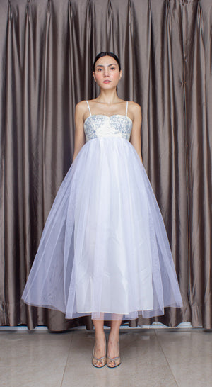 Emma Corset Tulle Dress in Printed Blue Canvas - image
