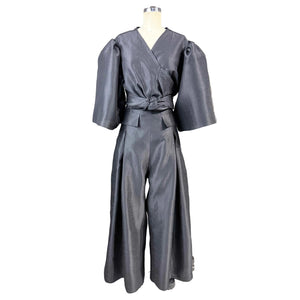 High Waist Front and Back Pleated Wide Hem Pants in Black Gazar - image