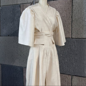 High Waist Front and Back Pleated Wide Hem Pants in Light Gold Gazar - image