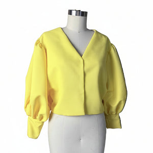 Oversized Crop Top with Cuffs in Yellow Woven - image