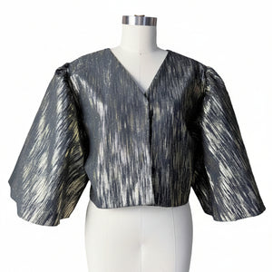 Oversized Crop Top with Oversized Puff Sleeve in Gold and Black Jacquard - image