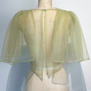 Oversized Shirred Sleeve Open Back Top in Apple Green Tulle - image