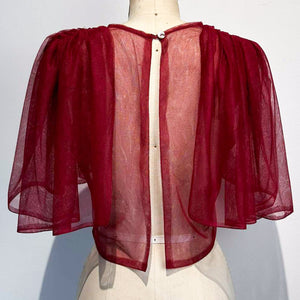 Oversized Shirred Sleeve Open Back Top in Maroon Tulle - image