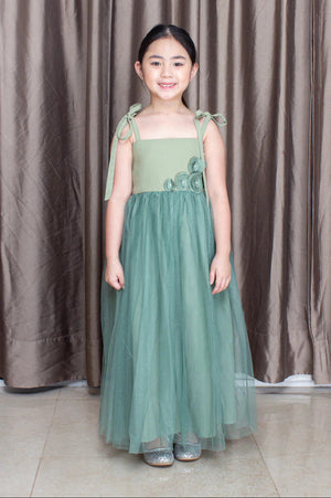 Ribbon-Strap Open Ended Square Neckline Linen Maxi Tulle Dress in Sage - image