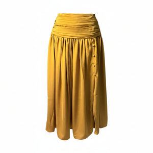 Shirred Waist-to-Hem Skirt with Front Buttoned Slit in Mustard Silk - image