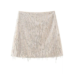 Von Beige Sequins Tassel Zipper Fly Mini Skirt - Beige / Small - image