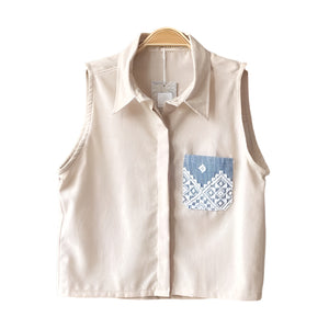 Celia Top in Oat with Light Blue Denim - image