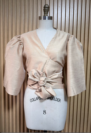 Oversized Puff Sleeve Wrap Top in Light Gold Gazar - image