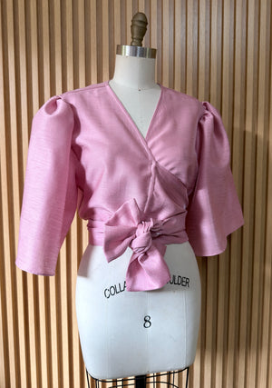 Oversized Puff Sleeve Wrap Top in Pink Gazar - image