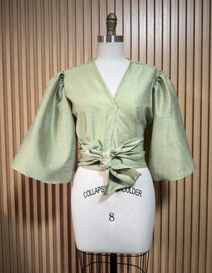 Oversized Puff Sleeve Wrap Top in Avocado Green Gazar - image