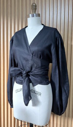 Linen Long-Sleeve Wrap Top in Black Linen - image
